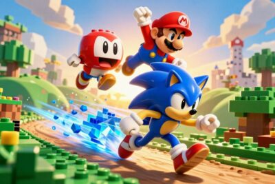 LEGO Sonic vs LEGO Mario entre dois ícones dos games