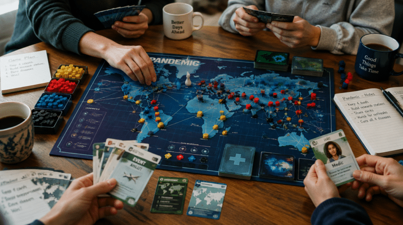 Partida de Pandemic com quatro jogadores cooperando