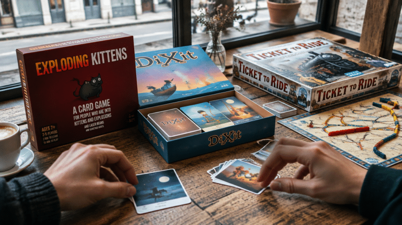 Exploding Kittens, Dixit e Ticket to Ride sobre a mesa