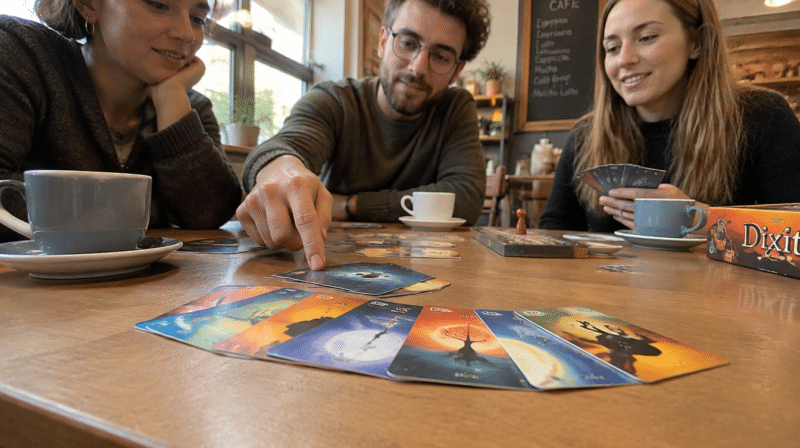 Cartas de Dixit sobre a mesa durante uma partida